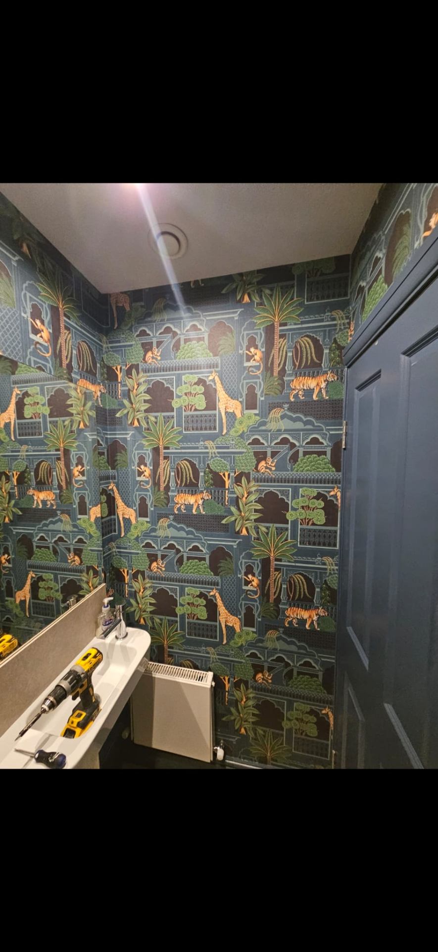 Cloakroom wallpapered floor to ceiling in blue jungle pattern with navy door
