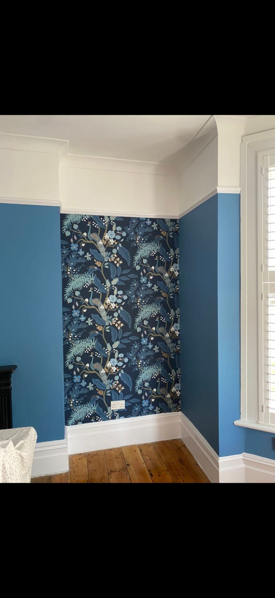 Peacock feature wall wallpaper in a bay window between blue painted walls